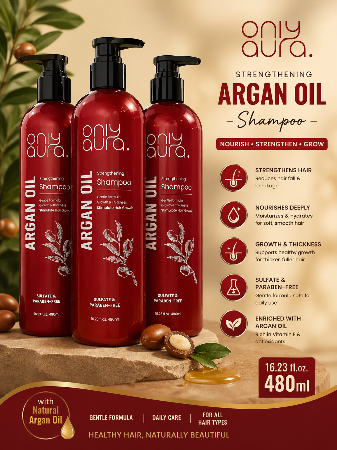 Only Aura Strengthening Argan Oil Shampoo 480ml – Sulfate & Paraben Free | Nourishes, Strengthens & Promotes Healthy Hair Growth