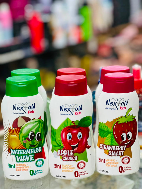 NexTon Kids 3-in-1 Shampoo, Conditioner & Body Wash – Apple Crunch | Strawberry Smart | Watermelon Wave – 250ml